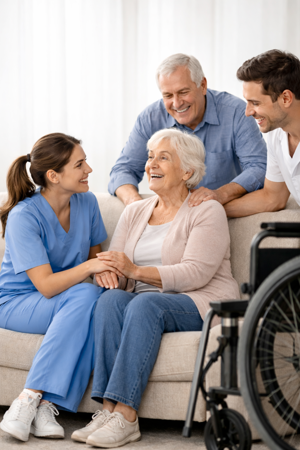 Pflegerin mit älterer Dame und Familie